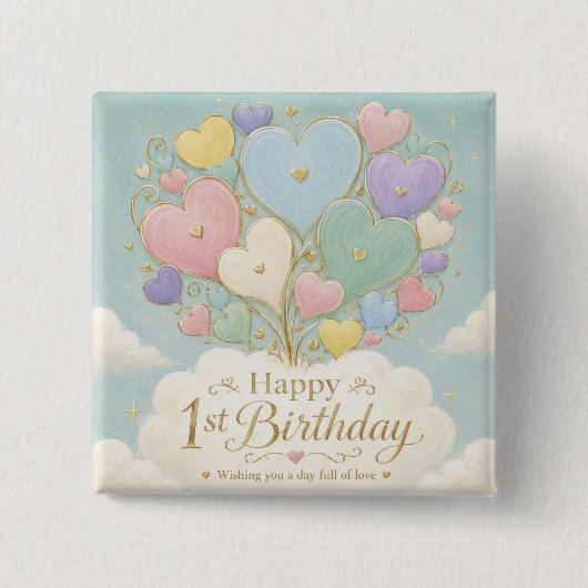 1. Geburtstag Pastell-Herzballonbouquet Button (Vorderseite)
