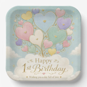 1. Geburtstag Pastell-Herzballonbouquet Pappteller