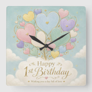 1. Geburtstag Pastell-Herzballonbouquet Quadratische Wanduhr
