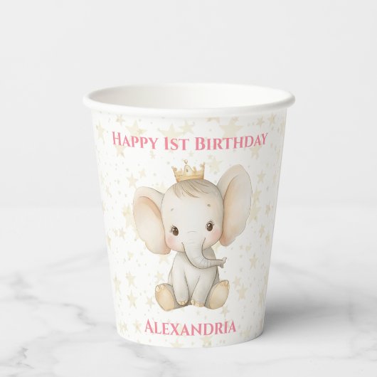 1. Geburtstag Personalisiert Prinzessin Elephant Pappbecher (Rückseite)
