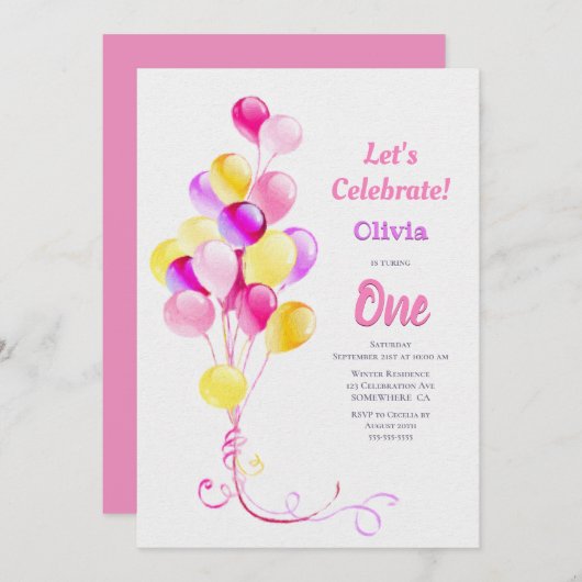 1. Geburtstag Pink Balloon Party Einladung (Vorne/Hinten)