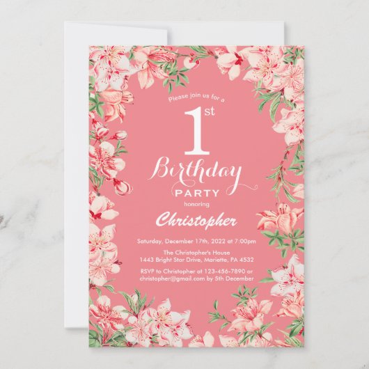 1. Geburtstag Pink Boho Botanische Blume Einladung (Vorderseite)