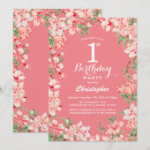 1. Geburtstag Pink Boho Botanische Blume Einladung (Vorne/Hinten)