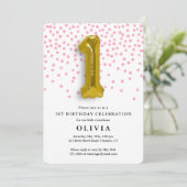 1. Geburtstag Pink Confetti und Gold Ballon Einladung (Stehend Vorderseite)