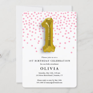 1. Geburtstag Pink Confetti und Gold Ballon Einladung