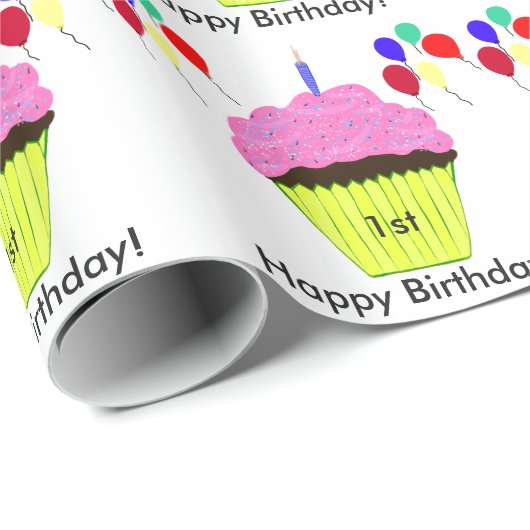 1. Geburtstag Pink Cupcake Balloons Personalisiere Geschenkpapier (Rolleneckpunkt)