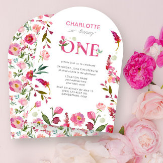 1. Geburtstag Pink florale Aquarell verwandelt sic Einladung
