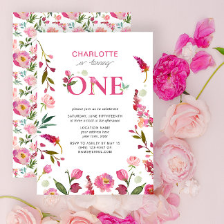 1. Geburtstag Pink florale Aquarell verwandelt sic Einladung