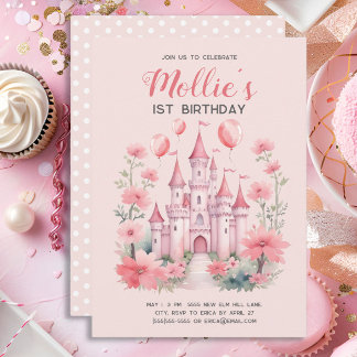 1. Geburtstag Pink Princess Burg Balloons Einladung