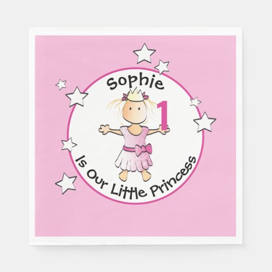 1. Geburtstag Pink Princess Cartoon Personalisiert Serviette (Vorderseite)