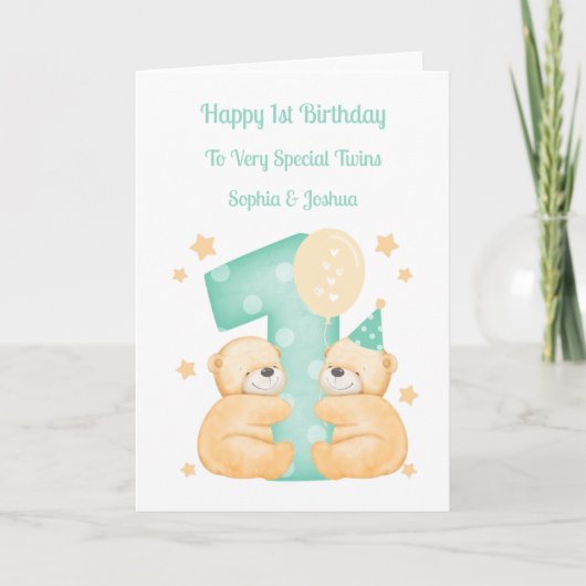 1. Geburtstag Polka Dot Teddies Twin Birthday Card Karte (Vorderseite)