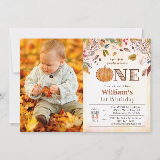 1. Geburtstag Pumpkin Rustikale Blätter Einladung (Vorderseite)