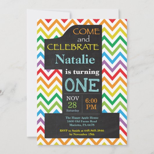 1. Geburtstag - Rainbow Chalkboard Einladung (Vorderseite)