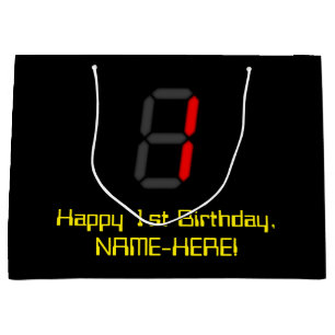 1. Geburtstag: Red Digital Clock Style "1" + Name Große Geschenktüte