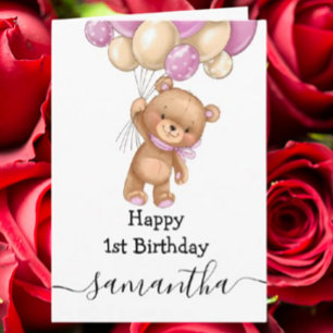 1. Geburtstag rosa Ballon Teddy Mädchen Karte