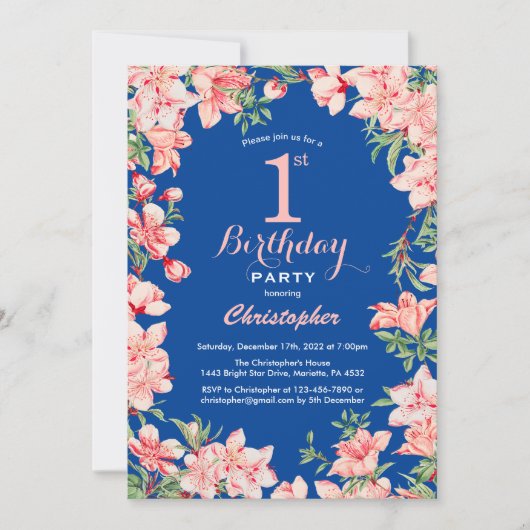 1. Geburtstag Rosa Blume Blau Einladung (Vorderseite)