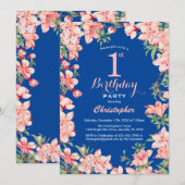 1. Geburtstag Rosa Blume Blau Einladung (Vorne/Hinten)
