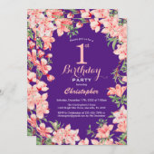 1. Geburtstag Rosa Blume Lila Violett Einladung (Vorne/Hinten)