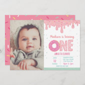1. Geburtstag Rosa Donut Einladung mit Bild (Vorne/Hinten)