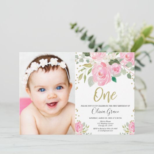 1. Geburtstag Rosa Foto Geburtstag Einladung (Stehend Vorderseite)