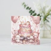 1. Geburtstag Rosa Niedliche Tiere Mädchenname Karte (Stehend Vorderseite)