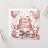 1. Geburtstag Rosa Niedliche Tiere Mädchenname Karte (Vorderseite/Rückseite Beispiel)