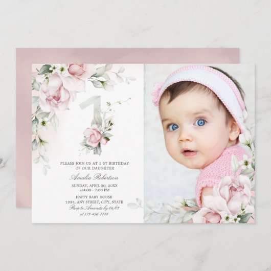 1. Geburtstag | Rose Blumenmädchen Einladung (Vorne/Hinten)