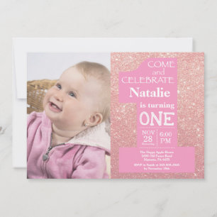 1. Geburtstag Rose Gold Glitter und Pink Foto Einladung