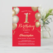 1. Geburtstag Rot und Gold Balloons Confetti Einladung (Stehend Vorderseite)