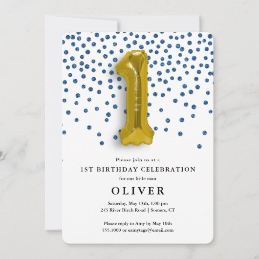 1. Geburtstag Royal Blue Confetti und Gold Balloon Einladung (Vorderseite)