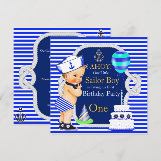 1. Geburtstag Sailor Boy Navy Blauer Streifen Blon Einladung (Vorne/Hinten)