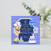 1. Geburtstag Sailor Boy Navy Blauer Streifen Blon Einladung (Stehend Vorderseite)