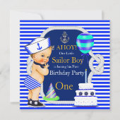 1. Geburtstag Sailor Boy Navy Blauer Streifen Blon Einladung (Vorderseite)