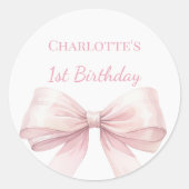 1. Geburtstag Schleife Blassrosa Mädchen Runder Aufkleber (Vorderseite)