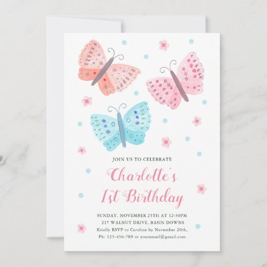 1. Geburtstag Schmetterling Blume Aquarellfarbe Ro Einladung (Vorderseite)