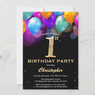 1. Geburtstag Schwarz und Gold farbige Ballons Einladung
