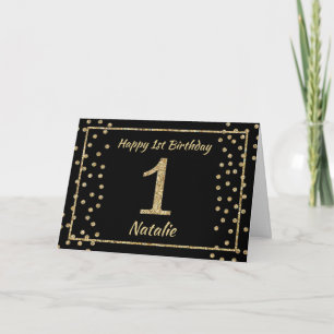 1. Geburtstag Schwarz und Gold Glitter Konfetti Karte