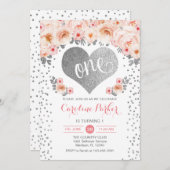 1. Geburtstag - Silberherz Weiß rosa Blüte Einladung (Vorne/Hinten)