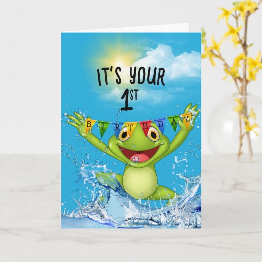 1. Geburtstag Springfrosch im Wasser Karte (Gelbe Blume)