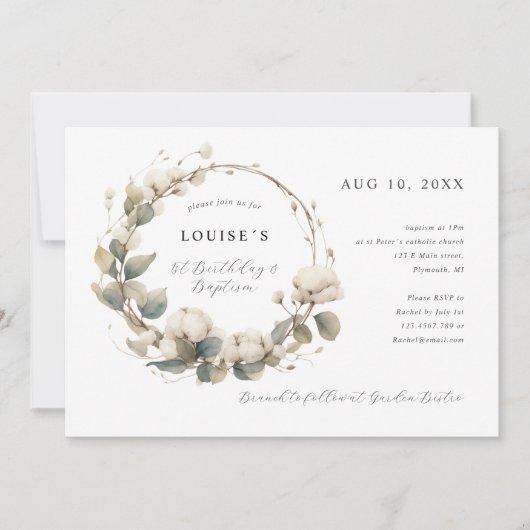 1. Geburtstag Taufe Baumwolle & Eukalyptuskranz Einladung (Vorderseite)