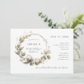 1. Geburtstag Taufe Baumwolle & Eukalyptuskranz Einladung (Stehend Vorderseite)