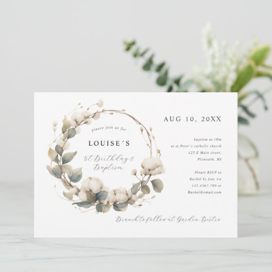 1. Geburtstag Taufe Baumwolle & Eukalyptuskranz Einladung (Stehend Vorderseite)