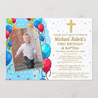 1. Geburtstag Taufe Blue Gold Text Foto Balloons Einladung