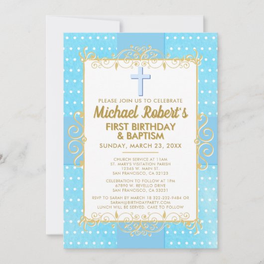 1. Geburtstag Taufe Blue Gold Text Polka Dot Einladung (Vorderseite)
