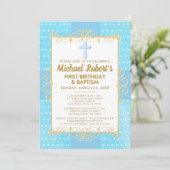 1. Geburtstag Taufe Blue Gold Text Polka Dot Einladung (Stehend Vorderseite)