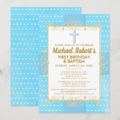 1. Geburtstag Taufe Blue Gold Text Polka Dot Einladung (Vorne/Hinten)