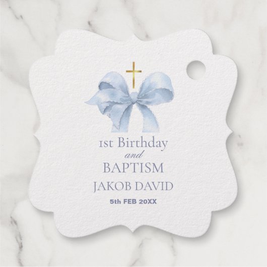 1. Geburtstag & Taufe Boys Blue Bow Bracket Geschenkanhänger (Rückseite)