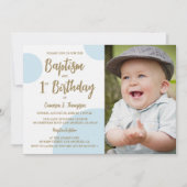 1. Geburtstag Taufe Foto Blue Gold Custom Einladung (Vorderseite)