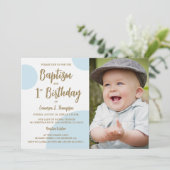 1. Geburtstag Taufe Foto Blue Gold Custom Einladung (Stehend Vorderseite)