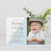 1. Geburtstag Taufe Foto Blue Gold Glitte Custom Einladung (Stehend Vorderseite)